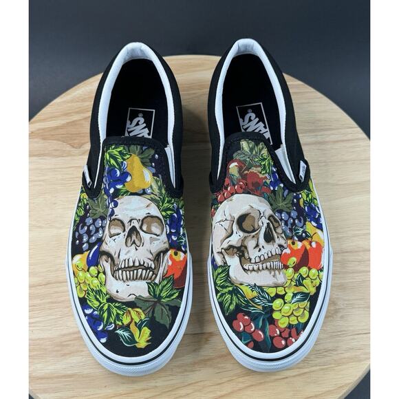 Vans Classic Slip-On Fruit’ Skull Black White Canvas Shoes Sz Men 8.5 Women 10 - Picture 3 of 13